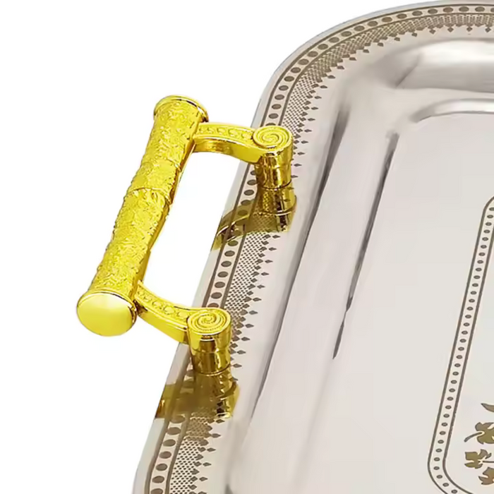 Stainless steel Arabic serving tray set, three different sizes.