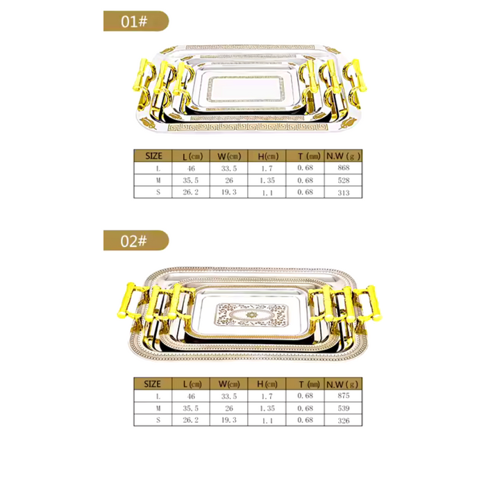 Stainless steel Arabic serving tray set, three different sizes.